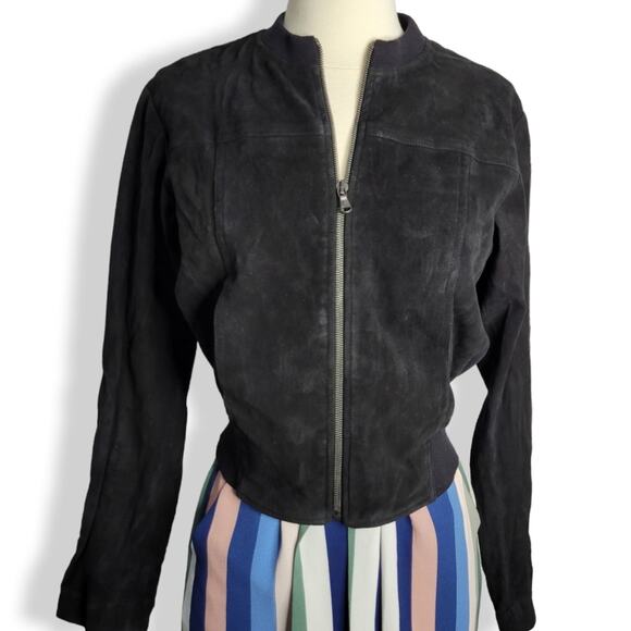 L'Agence Suede Bomber Jacket with Sheer Blouson Back in Black Size X-Small - Picture 1 of 15